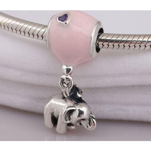 S925 Pendant DIY Jewelry Elephant & Pink Balloon Dangle Charm fit Lady Bracelet Bangle Enamel & Clear CZ