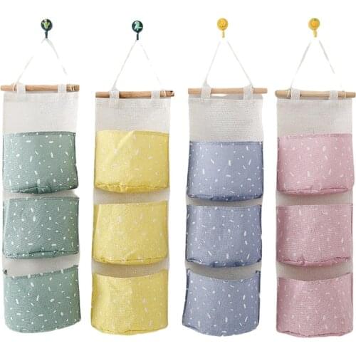 Dot Pattern 3-Pocket Cotton Linen Wall Door Hanging Storage Bag Convenient Mounted Wardrobe Organizer Sundries Pouch