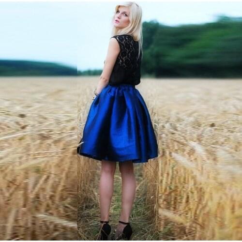 Vintage Satin Puffy Midi Skirt Solid Shine Blue/Green/Purple Knee Length Pleat Sweet Tutu Skirts Ball Gown Big Swing Women Skirt