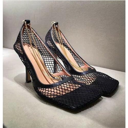 Women Mesh Holes High Heel Sandals Hollow Metal Chain Pumps Fashion Square Toe Shoes Summer 2Colors New 2021