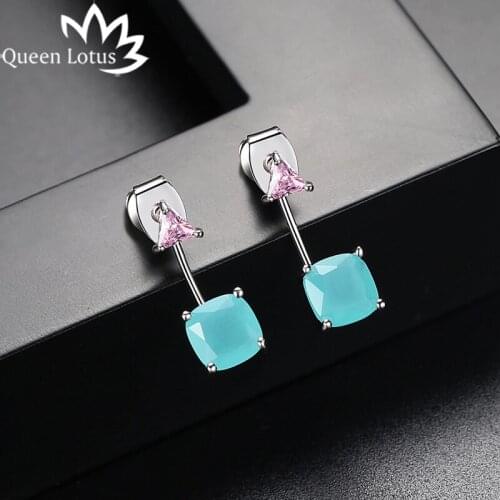 Queen Lotus Korean Fashion Women Earrings Pink Blue Stud Earrings Geometric Square Triangle Crystal Jewelry Earrings Accessories