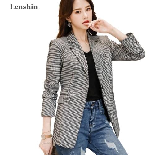 Lenshin Plaid Jacket with Two Pockets Long sleeve One Button Women Elegant Blazer Fashion Work Wear Office Lady Coat Outwear