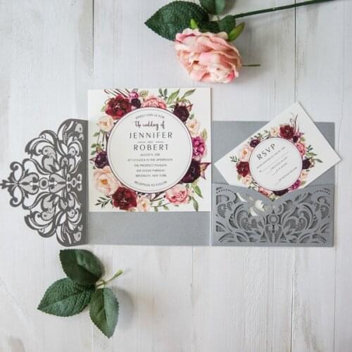 1pcs Samples Gray Square Flowers Tri-fold Square Customized Paper Wholesale Laser Cutting Wedding Invitation Cards with Envelope