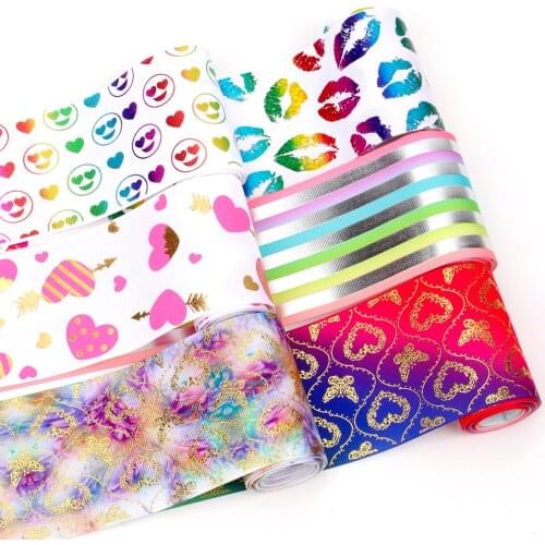 2yards/Roll 7.5cm Printing Ribbon Gold Dust Love Pattern DIY Sewing Craft Supplies Gift Hair Accessories Christmas Decoration