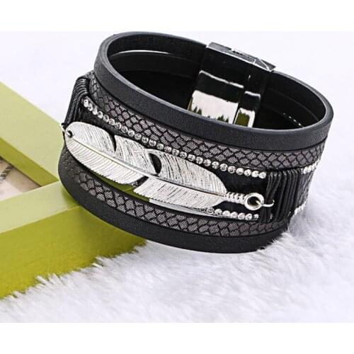 2017 alloy magnetic model for feather leaf width of leather bracelet multilayer men and women jewelry gift Friendship Bracelet