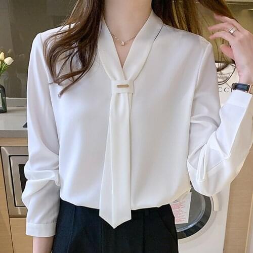Blusas Blouses Long Sleeve White Blouse Blouse Women Blusas Mujer De Moda 2021 Bow V-Neck Office Chiffon Blouse Shirt Tops E636