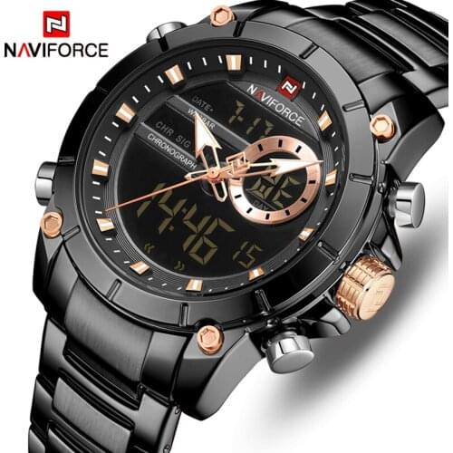 NAVIFORCE Top Brand Men Fashion Stainless Steel Dual Display Watch Mens Analog Digital Sport Quartz Watches Relogio Masculino