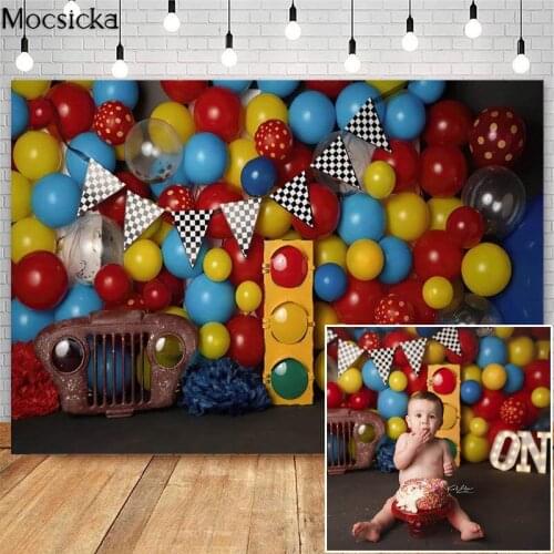 Children 1st Birthday Cake Smash Photography Backdrops Toy Balloons Traffic Light Decoration Photo Props Studio Booth Background