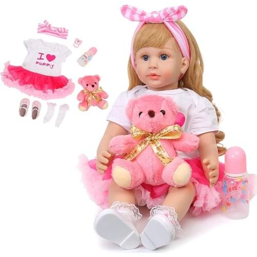 Elegant Reborn Baby Dolls 58cm Soft Vinyl Fashion Pink Cloth Body Silicone Princess With Long Curls Gold Hair For Christmas Gift