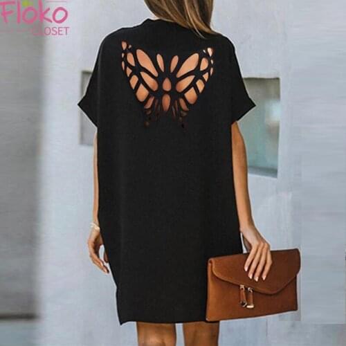 Flokocloset Sexy Butterfly Hook Flower Hollow Solid Mini Dress Summer Casual V-Neck Vintage Party Dresses