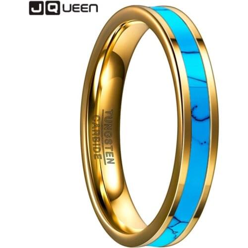 JQueen 4MM Tungsten Carbide Ring Gold Inlaid Green Stone Party Rings Wedding Band Engagement Mans Jewelry Ring Comfort Fit