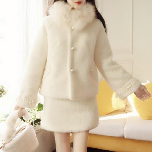 Two Peice Set Women Imitation fur Neck 2020 Winter Imitation Mink New Fur Set Long Sleeve villus Women Coat And Skirts Clothing