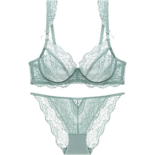 Deep V Sexy Underwear Ultrathin Bra Set Plus Size Brassiere Green Women Lingerie Set Lace Embroidery Transparent Bra Panties Set