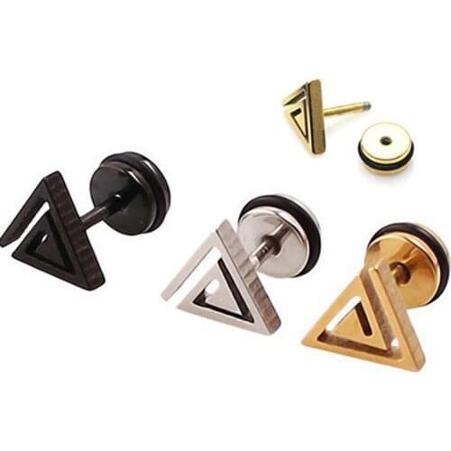 Fashion Punk Color Gold Black Stainless Steel Geometric Triangle Maze Stud Earrings Ear Brincos Jewelry For Men Women