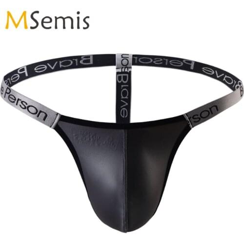Mens Lingerie G-string Briefs T-back Thongs Panties Faux Leather Bulge Pouch Low Waist Letter Print Elastic Waistband Underwear