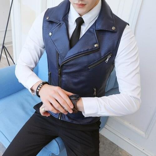 Men Faux Leather Zipper Vest Slim Fit Solid Biker Korean Spring Waistcoat Outwear