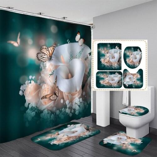 3D Bright Flower Pattern Bathroom Set Shower Curtain Anti-slip Cushion Toilet Cushion U-shaped Cushion Bathroom Essential