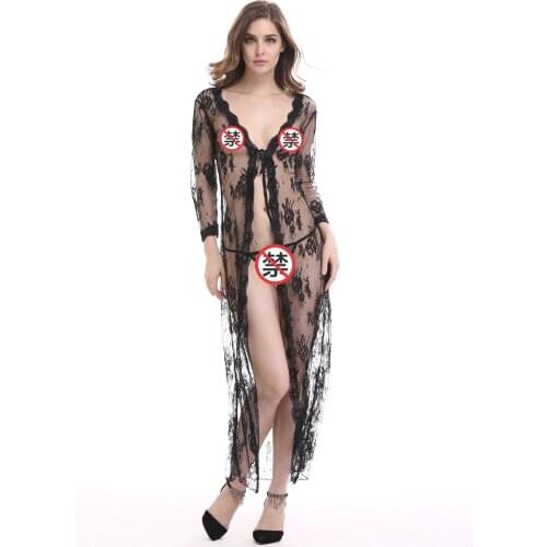 2021 new black lady lace sexy lingerie long sleeve womens sexy temptation nightdress