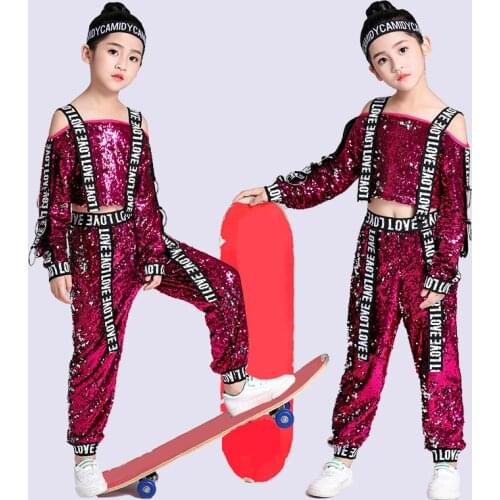 Songyuexia New sequins children perform jazz dance costumes dance girls Jazz Strapless long sleeve hiphop clothing Hip-Hop dance