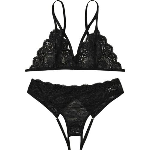 New Women Plus Size Lace Lingerie Bra+Thong Underwear Set Black Sleepwear Lingerie Sexy Hot Erotic Porno Costumi #4M12