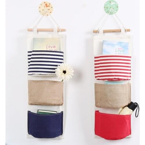 3 Pockets Hanging Storage Bag Pattern Hanging Bag Storage Organizer Wall Sundry Fabric Cotton Linen Hanging Pockets