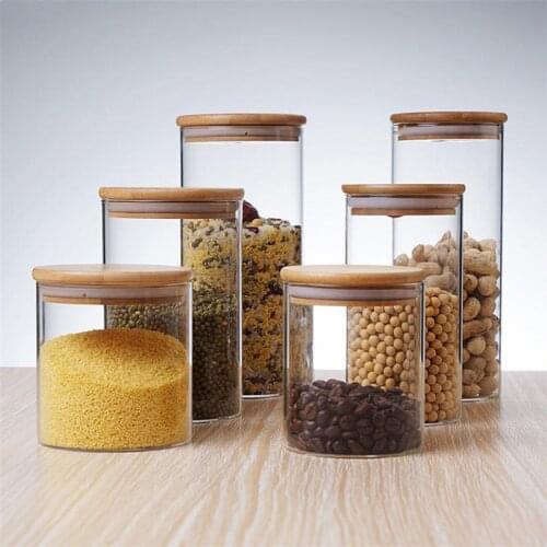 Clear Glass Jar Sealed Canister Food Storage Container for Loose Tea Coffee Bean Sugar Salt ( with Bamboo Lid)