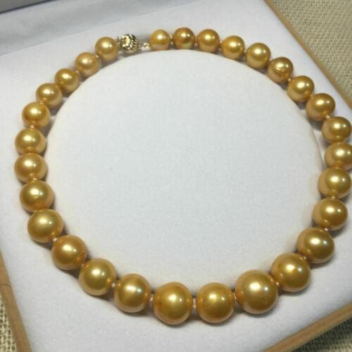 Rare huge 11-12mm round south sea golden pearl necklace 18inch