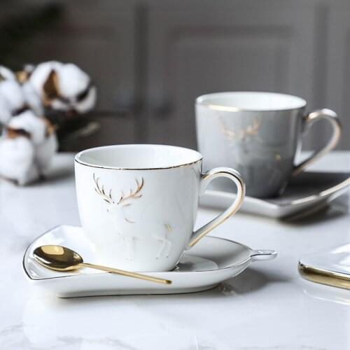 Luxury Deer Pattern Ceramic Coffee Mug Tea Set Cup and Saucer Espresso With Spoon White Grey 150ML