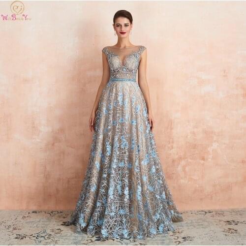 Blue Lace Prom Dresses 2020 Beaded Rhinestone A Line Cap Sleeves Long Sheer Neck Evening Gowns Engagement Dress Abendkleider