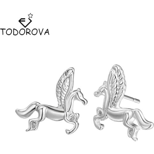 Todorova New 2017 Hip Hop Punk Unicorn Pegasus Cute Flying Horse 3D Stud Earrings for Women