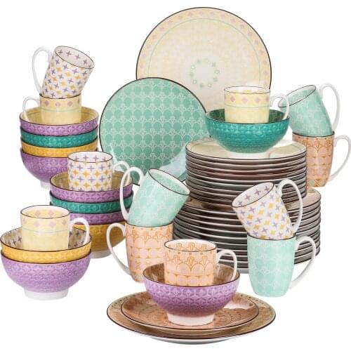 Vancasso Tulip 16/32/48-Piece 4-Color 4-Design Porcelain Dinnerware Set Plate Set with Dinner Plate,Dessert Plate,Bowl,Mug Set