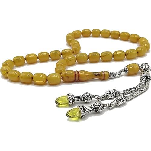 Vip Amber 9*12 Mm Capsule Honey Yellow Moire Crimping Amber Rosary Micron Silver Plated Faris Dice Fire Rosary turkish handmade