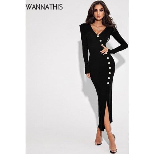 WannaThis Button Ankle-Length Dresses For Women Long Sleeve Black V-Neck Split Sexy Party Clubwear Evening 2021 Fashion Vestidos