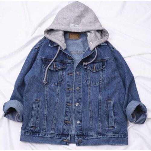 Autumn 2021 Korean Washed Black Loose Removable Hooded Women Denim Jacket Couple Plus Size Fashion Bomber Jacket Vetement Femme