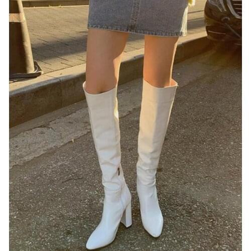 Moraima Snc Autumn Knee High Boots Sexy Pointed Toe Thick Heels Woman Shoe Black White Riding Boots