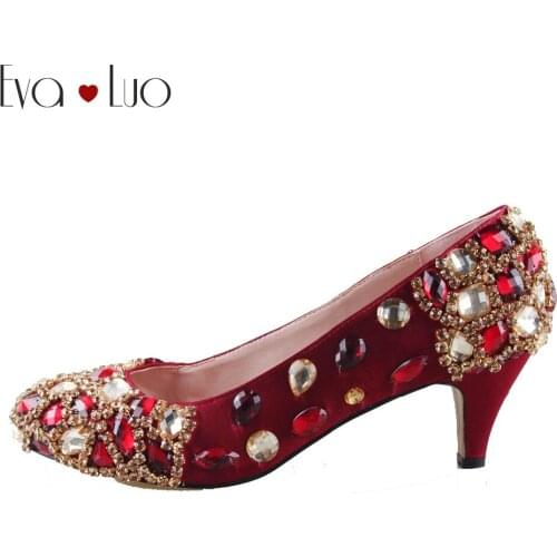 CHS993 DHL Custom Made Wine Red Burgundy Crystal Low Heel Women Dress Pumps Bridal Wedding Shoes