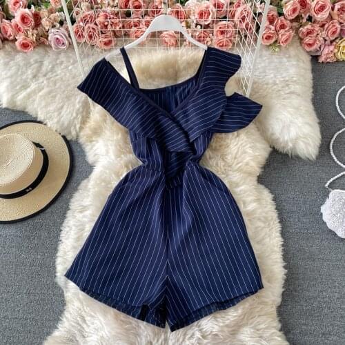 Summer Ladies Polyester Stripes Ruffles Off Shoulder Playsuits Loose Shorts Women Casual Deep V-neck Fashion Romper Overalls