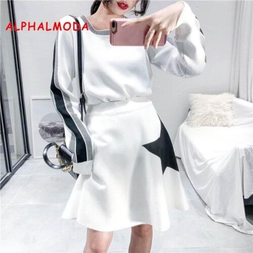 ALPHALMODA Stars Knitted Skirts + Long-sleeved Sweater Autumn Winter Women 2pcs Suits Loose Casual Striped Jumpers Skirt Sets