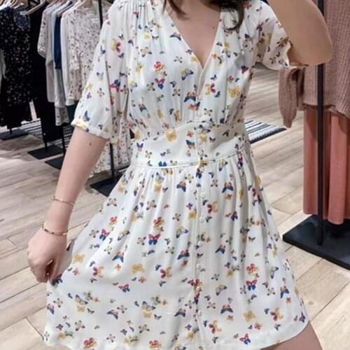 2021 Summer New Style V-neck Colorful Butterfly Dress Womens Short