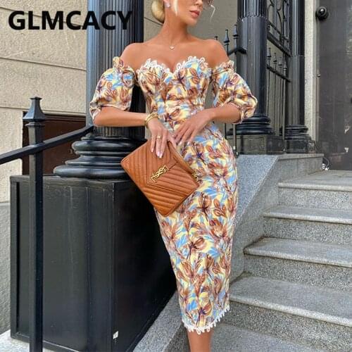 Women Off Shoulder Printed Lace Design Bodycon Elegant Party Dress