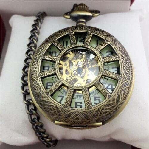 10pcs/lot Hollowed Wheel Mechanical Pocket Watch Bronze Hand Wind Mechanical Pocket Watch