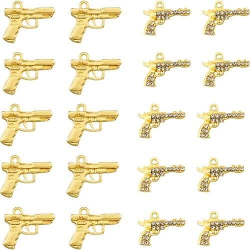 10Pcs Pistol Gun Charms Golden Alloy With Rhinestone Fashion Pendants For Jewelry Making Finding Necklace Bracelet DIY Handmade