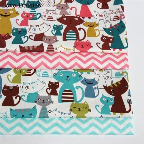 100% cotton twill PINK GREEN cartoon cut colorful cats chevron fabrics for DIY crib bedding cushion dress handwork home decor
