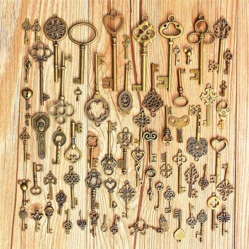 70pcs Antique Vintage Old Look Bronze Skeleton Keys Fancy Heart Bow Necklace Pendant