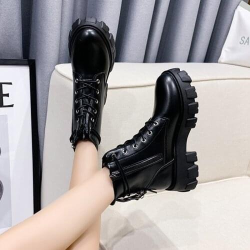 Fashion Motorcycle Platform Botas Autumn Winter Ankle Boots Black PU Leather Women Round Toe Lace Up Shoes Woman Plus Size