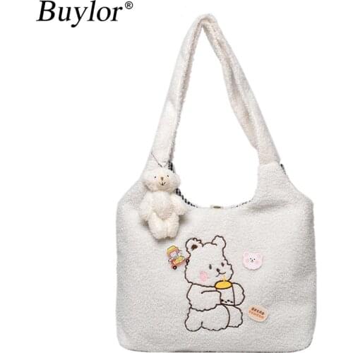 Buylor Women Canvas Tote Bag Lamb Plush Shoulder Bag Cartoon Bear Embroidery Handbag Casual Girl Cute Shopping Bag