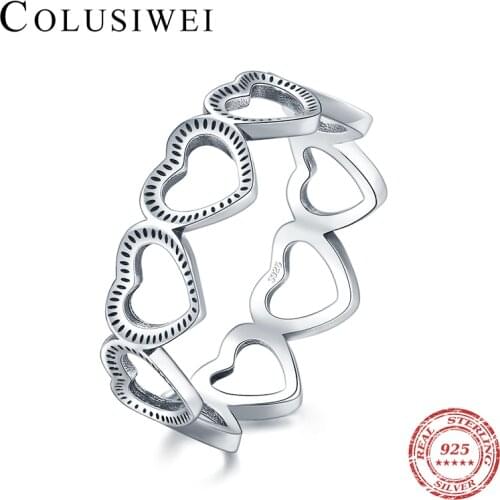 Colusiwei Fashion 925 Sterling Silver Hollow Heart-Shape Exquisite Princess Crown Finger Rings for Women Simple Vintage Jewelry