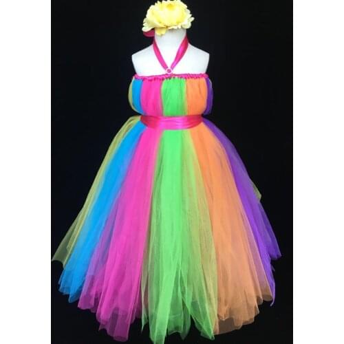 Rainbow Color Girls Tulle Long Dress Kids Fluffy Strap Tutu Dress Flower Ball Gown with Ribbon Bow Children Wedding Party Dress