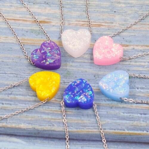 Fnixtar Stainless Steel Exquisite Simple 12mm Heart Opal Pendant Necklace For Women Synthetic Opal Heart Necklace 2Piece/lot