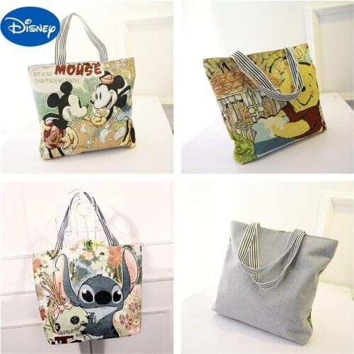 Disney Stitch Mickey Canvas Bag New Print Trend Cute Student Large Capacity Female Fashion Shoulder Handbag Shopping Bag